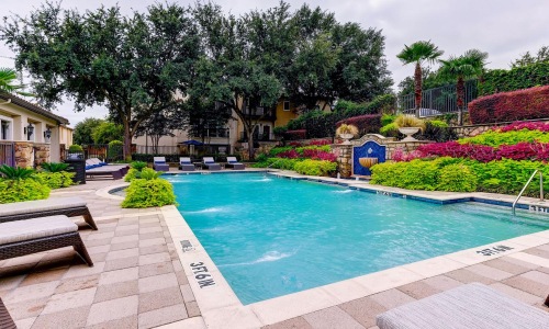 a swimming pool with trees and flowers around it
