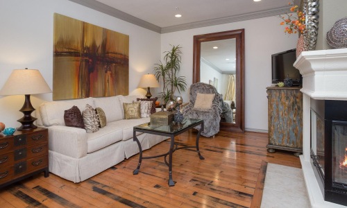 a living room with a fireplace
