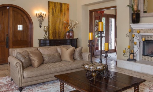 a living room with a fireplace