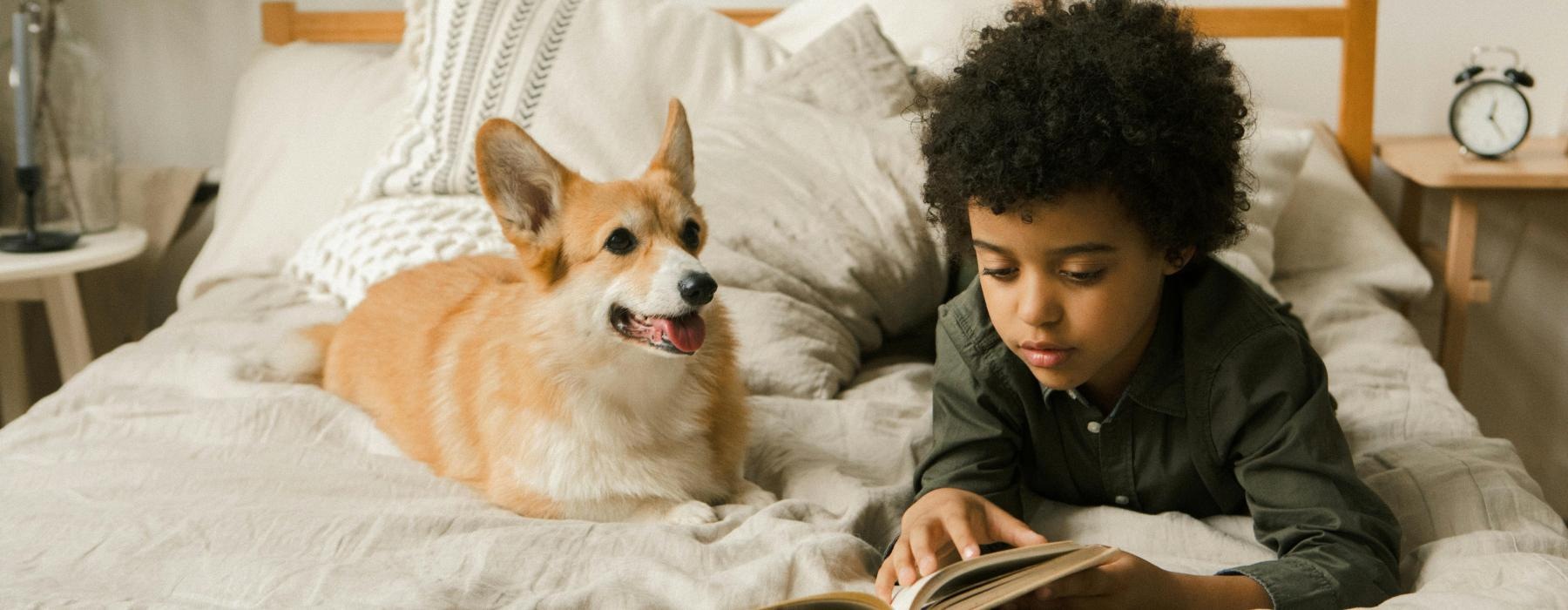 a boy reading a book to a dog